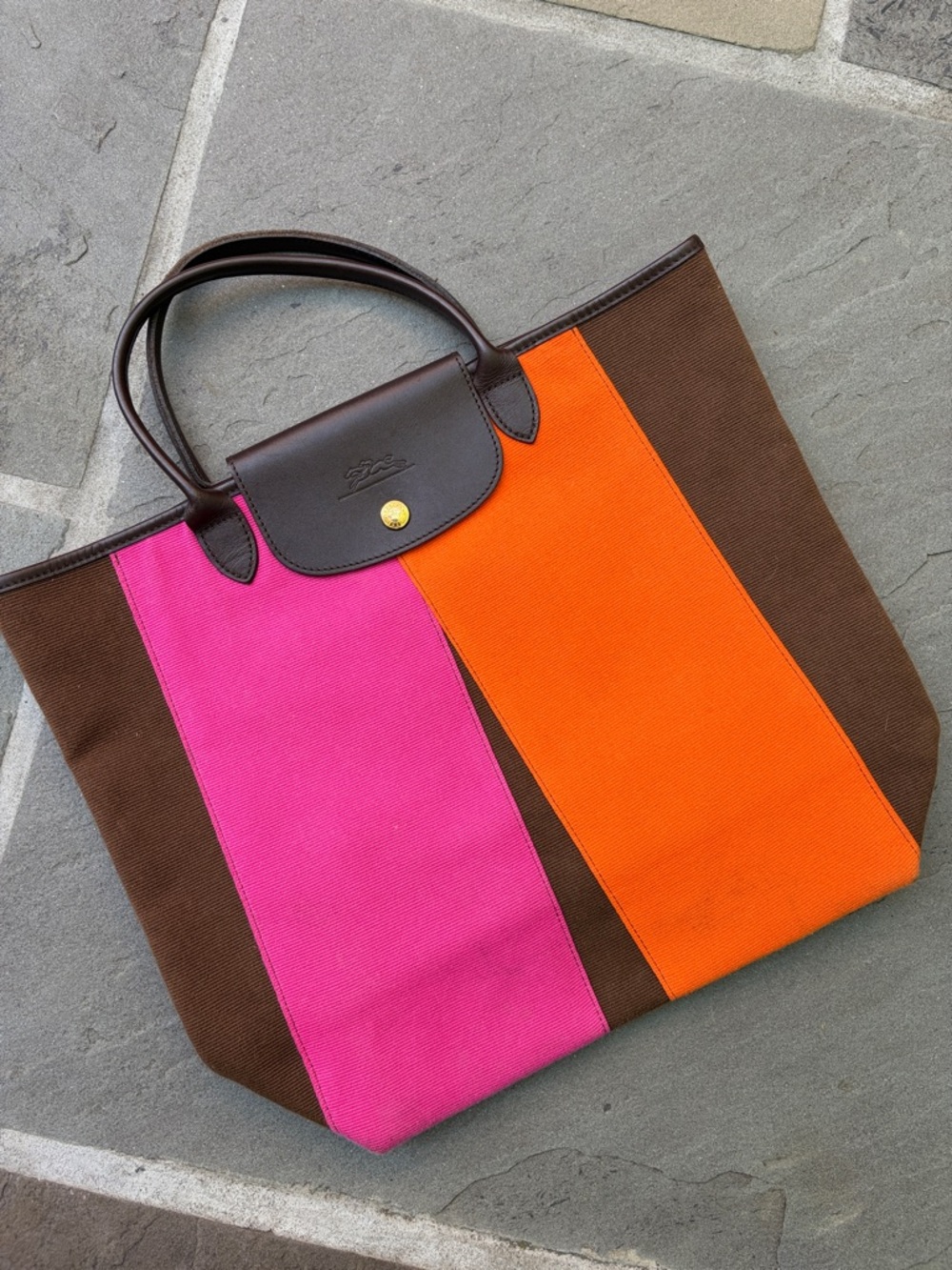 Longchamp tote bag, handbag canvas and leather hardware orange pink brown RARE